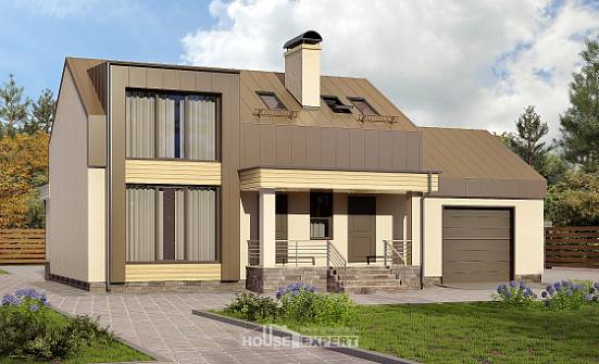 150-015-Л Проект двухэтажного дома с мансардой и гаражом, небольшой домик из поризованных блоков Усинск | Проекты домов от House Expert